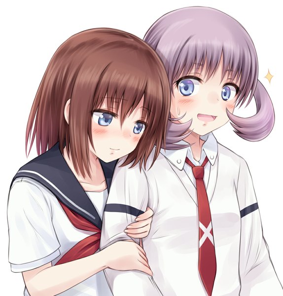 Anime picture 1000x1045 with saki onjouji toki hanada kirame suzushiro yukari tall image blush short hair open mouth blue eyes brown hair multiple girls purple hair girl 2 girls serafuku necktie