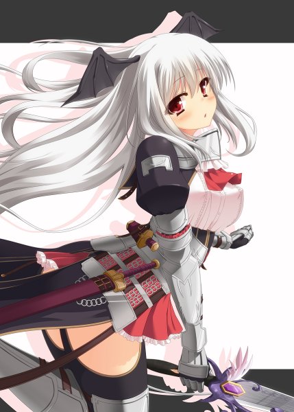 Anime picture 858x1200 with fantasy earth fleck taletale single long hair tall image looking at viewer blush simple background red eyes white background silver hair erect nipples covered nipples head wings girl thighhighs weapon black thighhighs sword