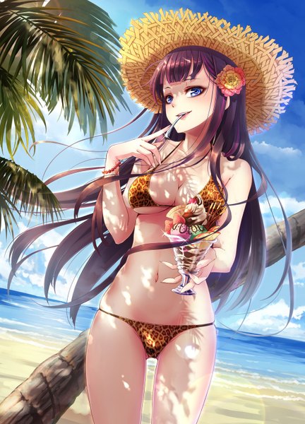 Anime picture 1000x1388 with original wait (artist) single long hair tall image looking at viewer breasts blue eyes light erotic sky purple hair cloud (clouds) hair flower midriff beach girl navel hair ornament flower (flowers) swimsuit