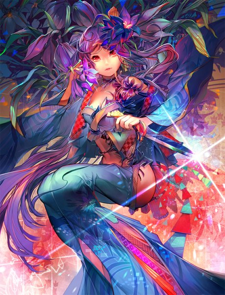 Anime picture 858x1122 with original fumoe single tall image looking at viewer red eyes purple hair very long hair traditional clothes japanese clothes hair flower wide sleeves bare belly girl hair ornament flower (flowers) weapon plant (plants)