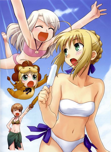 Anime picture 3284x4483 with fate (series) fate/stay night studio deen type-moon artoria pendragon (all) saber illyasviel von einzbern fujimura taiga saber lion tagme (artist) long hair tall image blush highres short hair open mouth blonde hair red eyes brown hair multiple girls