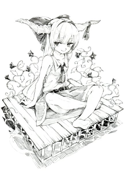 Anime picture 1564x2177 with touhou ibuki suika oshake single long hair tall image sitting looking away barefoot horn (horns) light smile bare legs monochrome sketch girl skirt flower (flowers) bow ribbon (ribbons) plant (plants)