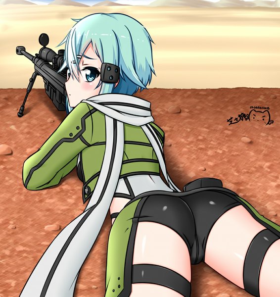 Anime picture 1037x1100 with sword art online a-1 pictures asada shino nagi-the-cheese (ppshex) single tall image blush fringe short hair light erotic ass looking back aqua eyes from behind aqua hair girl weapon gun sniper rifle