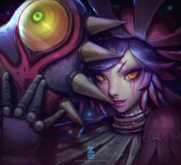 Anime picture 800x730 with the legend of zelda: majora's mask skull kid paul (shiramune) single looking at viewer fringe short hair yellow eyes purple hair light smile lips realistic lipstick portrait face pink lipstick girl