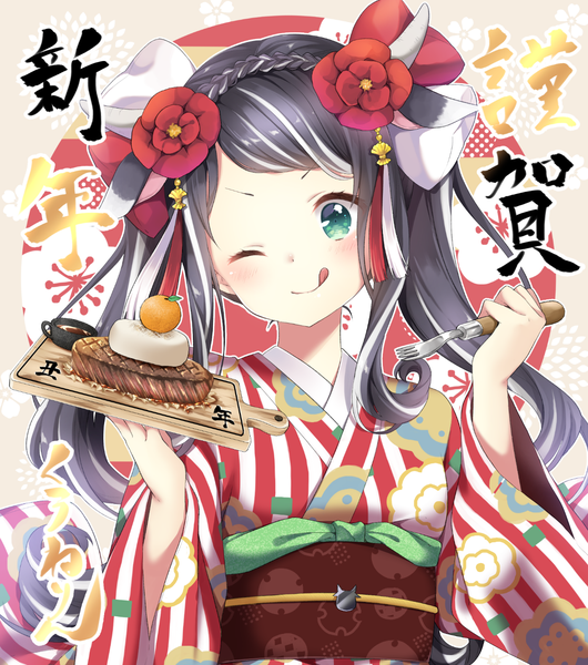 Anime picture 1280x1450 with original kuune rin single long hair tall image looking at viewer black hair smile animal ears braid (braids) traditional clothes japanese clothes one eye closed multicolored hair hair flower horn (horns) aqua eyes wink streaked hair new year