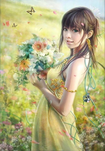 Anime picture 1200x1730 with original eat0123 single long hair tall image looking at viewer fringe smile brown hair holding green eyes parted lips hair flower wind realistic halterneck girl dress flower (flowers) earrings