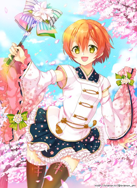 Anime picture 600x820 with love live! school idol project sunrise (studio) love live! hoshizora rin trianon single tall image fringe short hair open mouth hair between eyes yellow eyes sky orange hair sparkle cherry blossoms spring girl thighhighs black thighhighs
