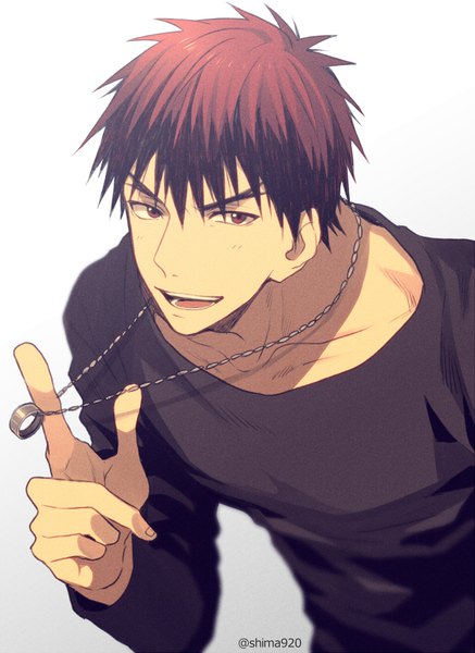 Anime picture 600x823 with kuroko no basket production i.g kagami taiga mashima shima single tall image looking at viewer fringe short hair open mouth simple background hair between eyes red eyes signed upper body red hair leaning leaning forward boy pendant