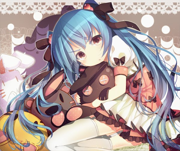 Anime picture 1000x840 with vocaloid hatsune miku bison cangshu single long hair looking at viewer blush sitting twintails blue hair puffy sleeves hug girl thighhighs dress bow ribbon (ribbons) hair ribbon white thighhighs garter straps