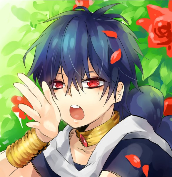 Anime picture 2480x2543 with magi the labyrinth of magic a-1 pictures judal enick (artist) single long hair tall image highres open mouth red eyes blue hair screaming boy flower (flowers) petals bracelet necklace