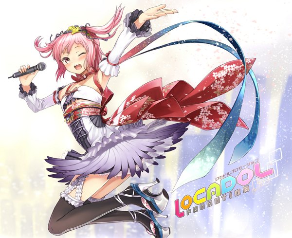 Anime picture 1143x933 with locadol promotion original ochau single looking at viewer short hair open mouth pink hair one eye closed pink eyes wink arms up armpit (armpits) outstretched arm floral print jumping girl thighhighs dress skirt