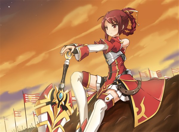 Anime picture 1519x1125 with elsword elesis (elsword) saber knight (elsword) single blush fringe red eyes sitting cloud (clouds) red hair braid (braids) twin braids group rock warrior girl dress skirt gloves ribbon (ribbons)