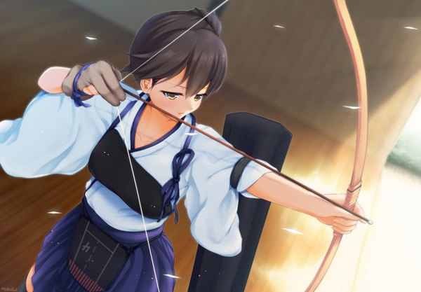 Anime picture 2154x1500 with kantai collection kaga aircraft carrier umeboshi jin single long hair blush highres black hair brown eyes looking away traditional clothes japanese clothes girl weapon armor bow (weapon) arrow (arrows) breastplate muneate