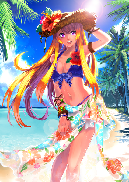 Anime picture 992x1404 with original katagiri hachigou single long hair tall image looking at viewer fringe breasts open mouth light erotic blonde hair smile standing sky cloud (clouds) pink eyes hair flower sunlight beach glowing