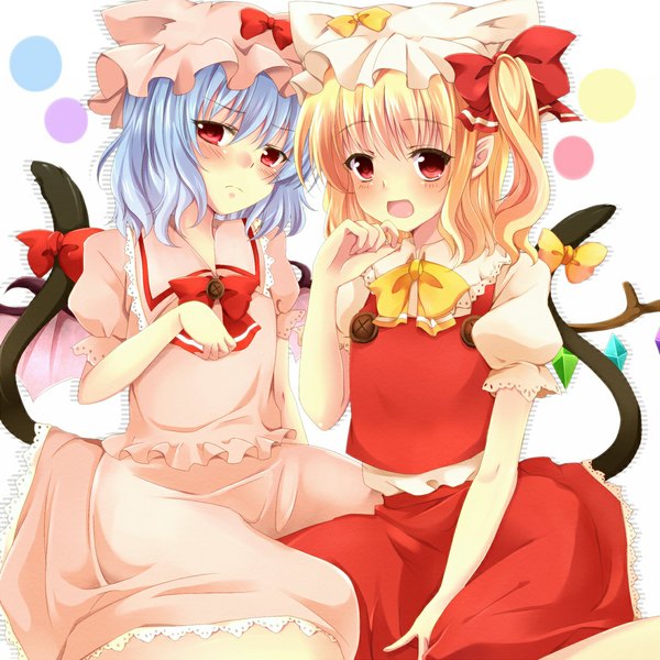 Anime picture 1125x1125 with touhou flandre scarlet remilia scarlet nyara nico (artist) looking at viewer blush short hair open mouth blonde hair red eyes multiple girls animal ears blue hair cat ears cat tail embarrassed girl dress skirt bow