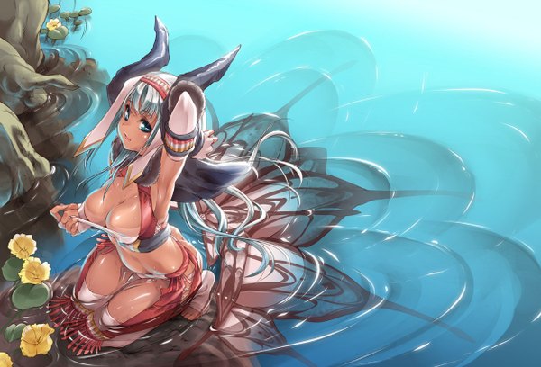 Anime picture 1250x850 with monster hunter thomasz blue eyes light erotic blue hair horn (horns) undressing demon girl girl water