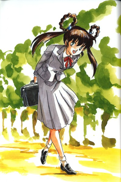 Anime picture 2000x3010 with devil hunter yohko mano yohko long hair tall image highres smile brown hair twintails green eyes absurdres full body hair rings girl uniform plant (plants) school uniform tree (trees) school bag loafers