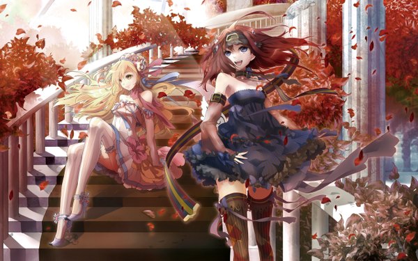 Anime picture 2560x1600 with plastick long hair highres blonde hair smile wide image purple eyes multiple girls yellow eyes red hair wind girl thighhighs dress bow 2 girls detached sleeves leaf (leaves) stairs pillar