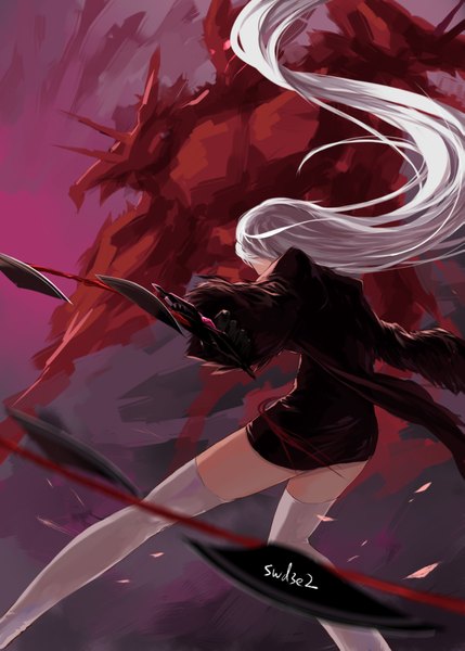 Anime picture 1181x1653 with dungeon and fighter swd3e2 long hair tall image signed looking away silver hair white hair horn (horns) from behind back girl thighhighs weapon white thighhighs huge weapon monster