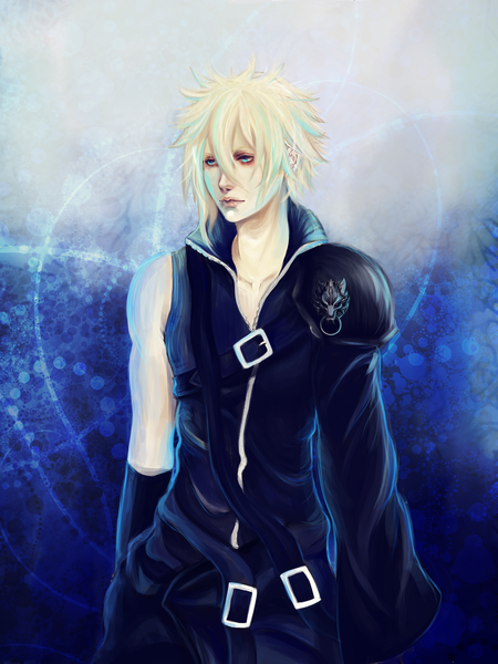 Anime picture 1920x2560 with final fantasy vii advent children final fantasy final fantasy vii square enix cloud strife robasarel single tall image highres short hair blue eyes simple background blonde hair boy gloves belt armor