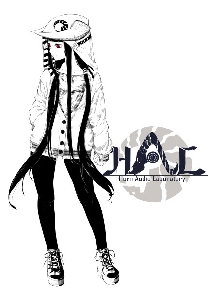 Anime picture 858x1200 with original jaco single long hair tall image fringe black hair standing twintails looking away horn (horns) inscription monochrome lacing hand in pocket girl pantyhose jacket shorts boots