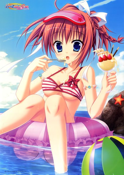 Anime picture 2464x3480 with kisaragi gold star (game) endou saya moribe (rabumanyo) tall image blush highres short hair open mouth blue eyes light erotic red hair eating girl ribbon (ribbons) swimsuit hair ribbon bikini water food sweets