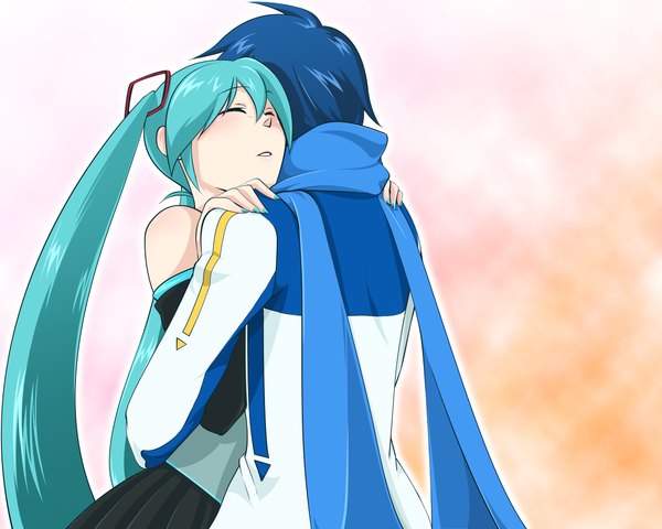 Anime picture 1280x1024 with vocaloid hatsune miku kaito (vocaloid) long hair fringe short hair hair between eyes twintails bare shoulders blue hair eyes closed nail polish parted lips pleated skirt from behind aqua hair couple hug hand on another's shoulder girl