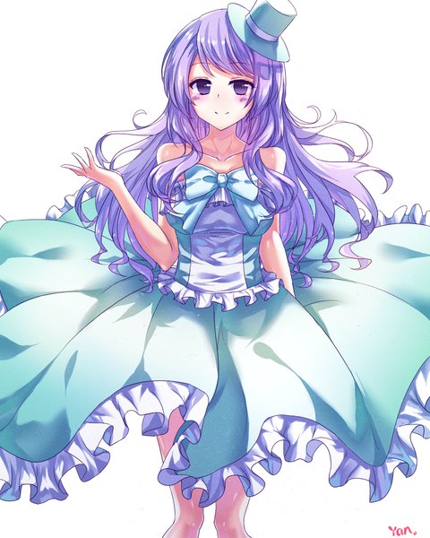Anime picture 1024x1280 with original isumi (yangyan) single long hair tall image looking at viewer blush simple background smile white background purple eyes signed purple hair arm up sleeveless girl bow hat frills mini hat
