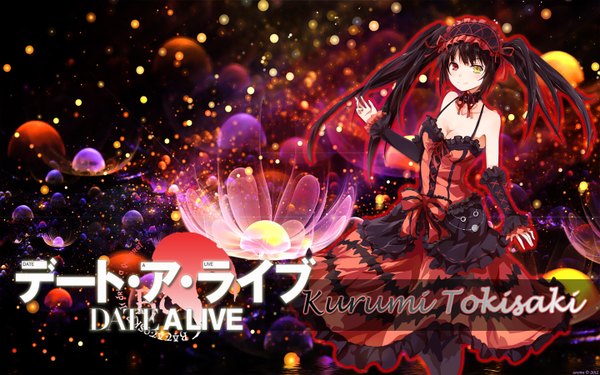 Anime picture 1440x900 with date a live tokisaki kurumi single long hair looking at viewer black hair twintails heterochromia dark background girl dress flower (flowers) detached sleeves frills