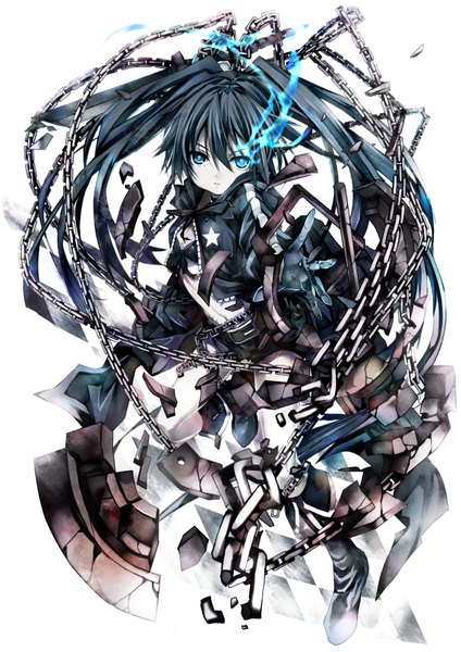 Anime picture 2480x3508 with black rock shooter black rock shooter (character) shino (eefy) single long hair tall image highres blue eyes black hair white background twintails absurdres scar chibi girl gloves shorts belt star (symbol) chain