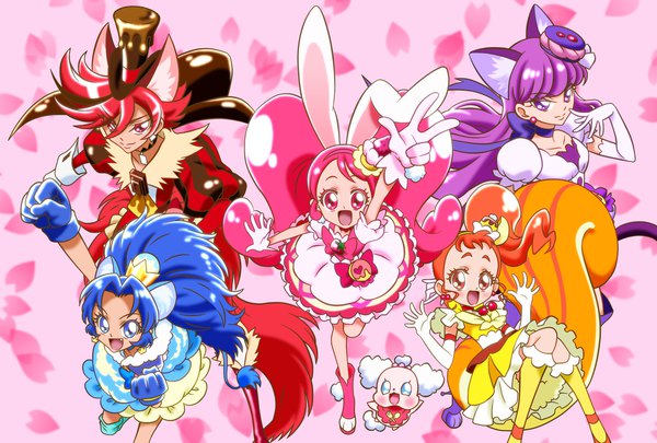 Anime picture 2039x1377 with precure kirakira precure a la mode toei animation usami ichika kenjou akira cure whip kotozume yukari cure chocolat cure macaron arisugawa himari tategami aoi cure custard cure gelato pekorin mohukichi224 karaage0421 long hair blush highres open mouth