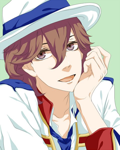 Anime picture 640x800 with uta no prince-sama a-1 pictures kotobuki reiji nayuta (hanayushi) single tall image looking at viewer short hair open mouth simple background brown hair purple eyes arm support green background boy uniform hat gym uniform