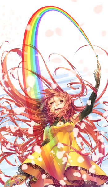 Anime picture 900x1544 with original aka-shiro single long hair tall image open mouth simple background smile white background orange hair from below orange eyes girl dress petals paintbrush rainbow paint art brush palette