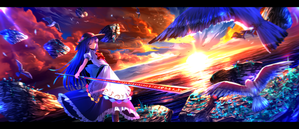 Anime picture 3000x1299 with touhou hinanawi tenshi ryosios single long hair highres red eyes wide image blue hair sky cloud (clouds) evening sunset letterboxed horizon girl dress weapon plant (plants) hat