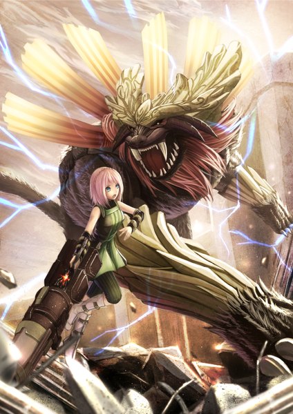 Anime picture 1158x1637 with original yazuo tall image short hair open mouth blue eyes pink hair teeth fang (fangs) battle lightning destruction girl detached sleeves monster