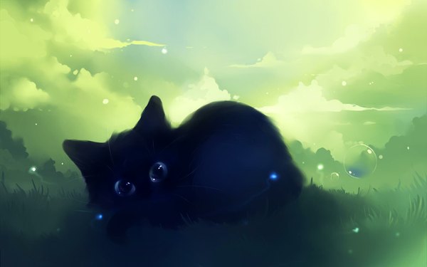 Anime picture 1920x1200 with original apofiss single highres wide image wallpaper plant (plants) animal cat grass bubble (bubbles)