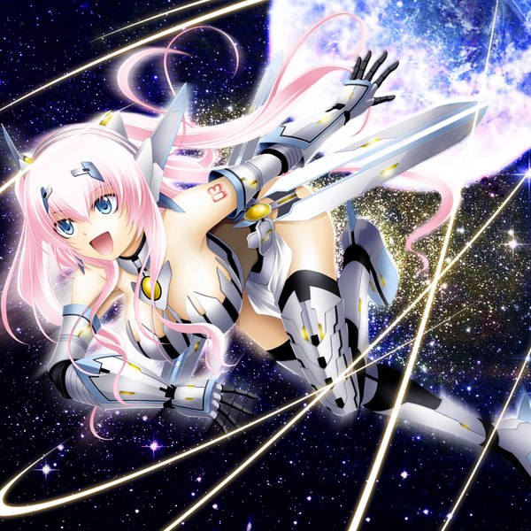 Anime picture 1920x1920 with vocaloid megurine luka kuromayu single long hair highres breasts open mouth blue eyes light erotic pink hair girl gloves armor