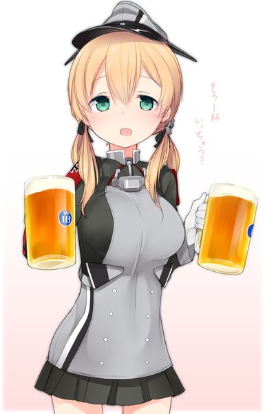 Anime picture 643x1000 with kantai collection prinz eugen (kantai collection) nekoume single tall image fringe breasts open mouth blonde hair standing white background twintails holding green eyes pleated skirt low twintails girl skirt gloves miniskirt