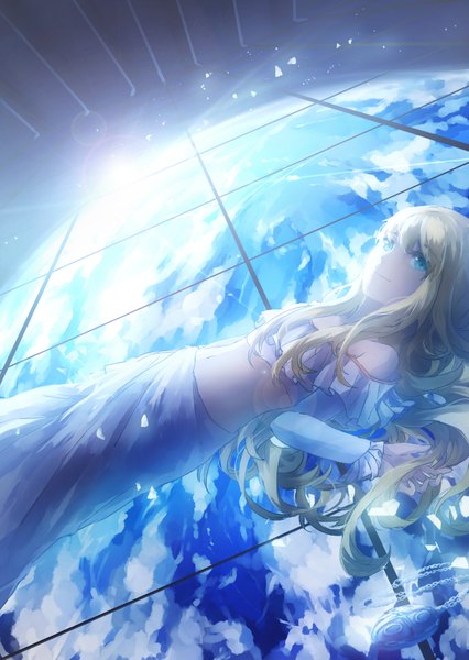 Anime picture 710x1000 with aldnoah.zero a-1 pictures asseylum vers allusia domik single long hair tall image fringe blue eyes blonde hair smile lying bare belly on back alternate costume looking up alternate hairstyle glow girl navel