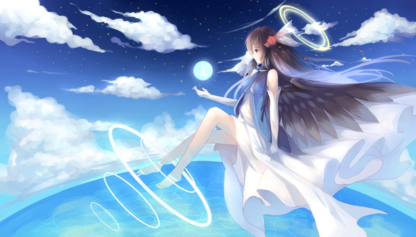 Anime picture 1600x914 with original .l.l single long hair blue eyes black hair wide image sky cloud (clouds) profile barefoot bare legs flying girl dress wings halo