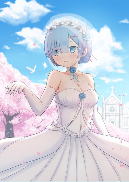 Anime picture 2480x3508 with re:zero kara hajimeru isekai seikatsu a-1 pictures white fox rem (re:zero) anenin single tall image blush fringe highres short hair breasts blue eyes large breasts blue hair looking away sky cleavage cloud (clouds) light smile