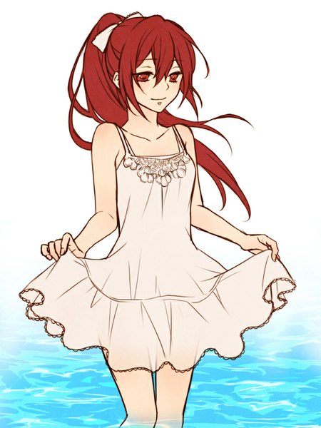 Anime picture 600x800 with free! kyoto animation matsuoka gou rio (rio 01) single long hair tall image blush smile red eyes white background bare shoulders looking away ponytail red hair wind girl dress ribbon (ribbons) hair ribbon
