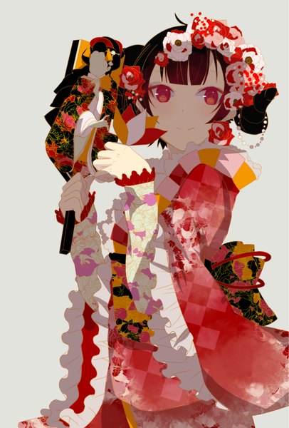 Anime picture 1016x1500 with original hoshima single tall image looking at viewer fringe short hair black hair simple background smile red eyes holding blunt bangs traditional clothes japanese clothes hair flower light smile grey background wide sleeves floral print