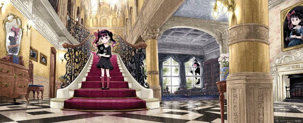 Anime picture 1559x638 with original soumatou long hair looking at viewer blush black hair wide image twintails indoors pink eyes girl dress bow plant (plants) hair bow animal shoes window black dress book (books)