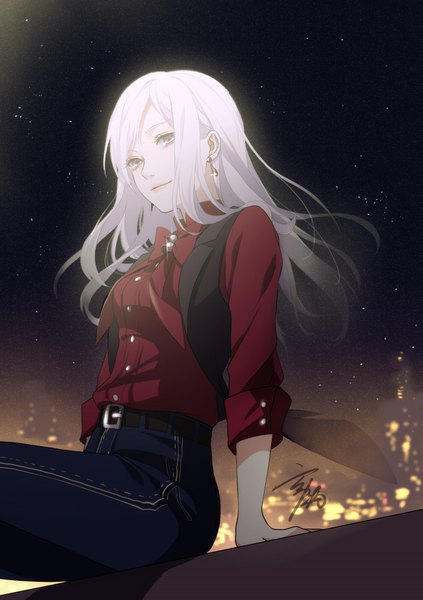 Anime picture 1281x1818 with juni gen single long hair tall image looking at viewer blue eyes smile sitting signed sky white hair night arm support city lights twisty sleeves girl earrings shirt belt star (stars)