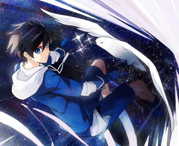 Anime picture 1000x820 with original takerusilt single fringe short hair blue eyes black hair hair between eyes looking back sparkle flying serious space bird on hand boy gloves animal boots bird (birds) hood