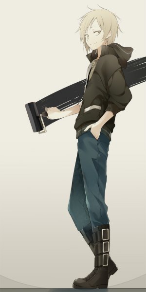 Anime picture 600x1200 with kagerou project shaft (studio) kano shuuya ocha_(hutuumikan) single tall image fringe short hair blonde hair smile holding looking away bent knee (knees) hand in pocket painting boy jacket boots hood pants