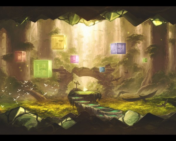 Anime picture 1280x1024 with original rel landscape fantasy silhouette ruins weightlessness girl plant (plants) animal tree (trees) bird (birds) fish (fishes) bridge cube directional arrow
