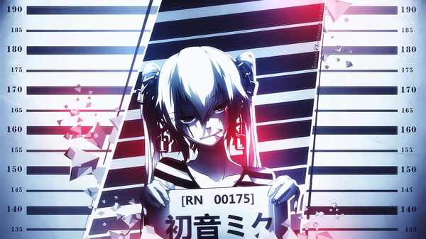 Anime picture 1600x900 with vocaloid hatsune miku qys3 eysaa single long hair looking at viewer fringe hair between eyes wide image twintails holding upper body wallpaper monochrome shaded face girl tongue chain