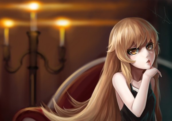 Anime picture 4960x3507 with bakemonogatari shaft (studio) monogatari (series) oshino shinobu fuuko chan single long hair looking at viewer highres open mouth blonde hair bare shoulders yellow eyes absurdres girl dress blood sundress candle (candles)